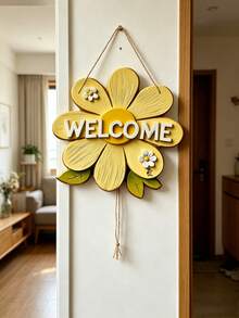 1 pieza Letrero de bienvenida floral de madera con grabado "BIENVENIDO", adecuado para varias ocasiones, fácil de colgar, el diseño asimétrico crea una atmósfera cálida de primavera - Multicolor - Ver 8