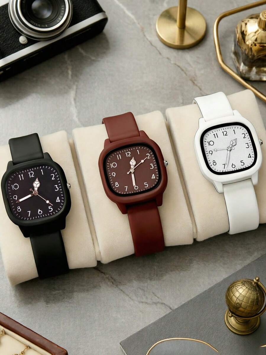 1 Set/1 Piece Women's Three-Color Square Dial Silicone Quartz Watch Set - Versatile Casual Accessory & Birthday Gift - Brown - View 1