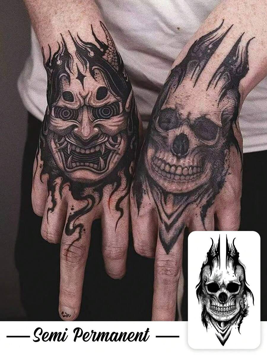 1pc Herbal Dark Stipple Flame Skull Pattern Temporary Tattoo Sticker, Realistic Fake Tattoo Design, Suitable For Travel, Music Festivals, Gaming, Graduation Gifts & Independence Day Tattoo, Lasts 7-14 Days - Black - View 1