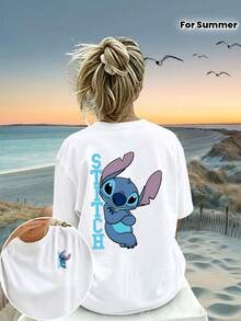 Disney Lilo & Stitch Vertical "STITCH" Back Print Crew Neck Tee, Minimalist Cartoon Casual Top - White - View 1