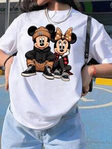 Womens Casual Cotton Short Sleeve Round Neck T-Shirt With Mickey And Minnie Cartoon Print Regular Fit Slightly Stretchy, Disneyland, Summer Tops - 白色 - 查看 1