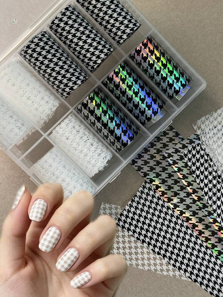 RITANAILDECO RitaNail 10 捲組美甲轉印紙，千鳥格黑白全息美甲轉印貼紙，非自黏式，美甲沙龍推薦，美甲師精選款式，DIY美甲藝術 - 彩色 - 查看 1