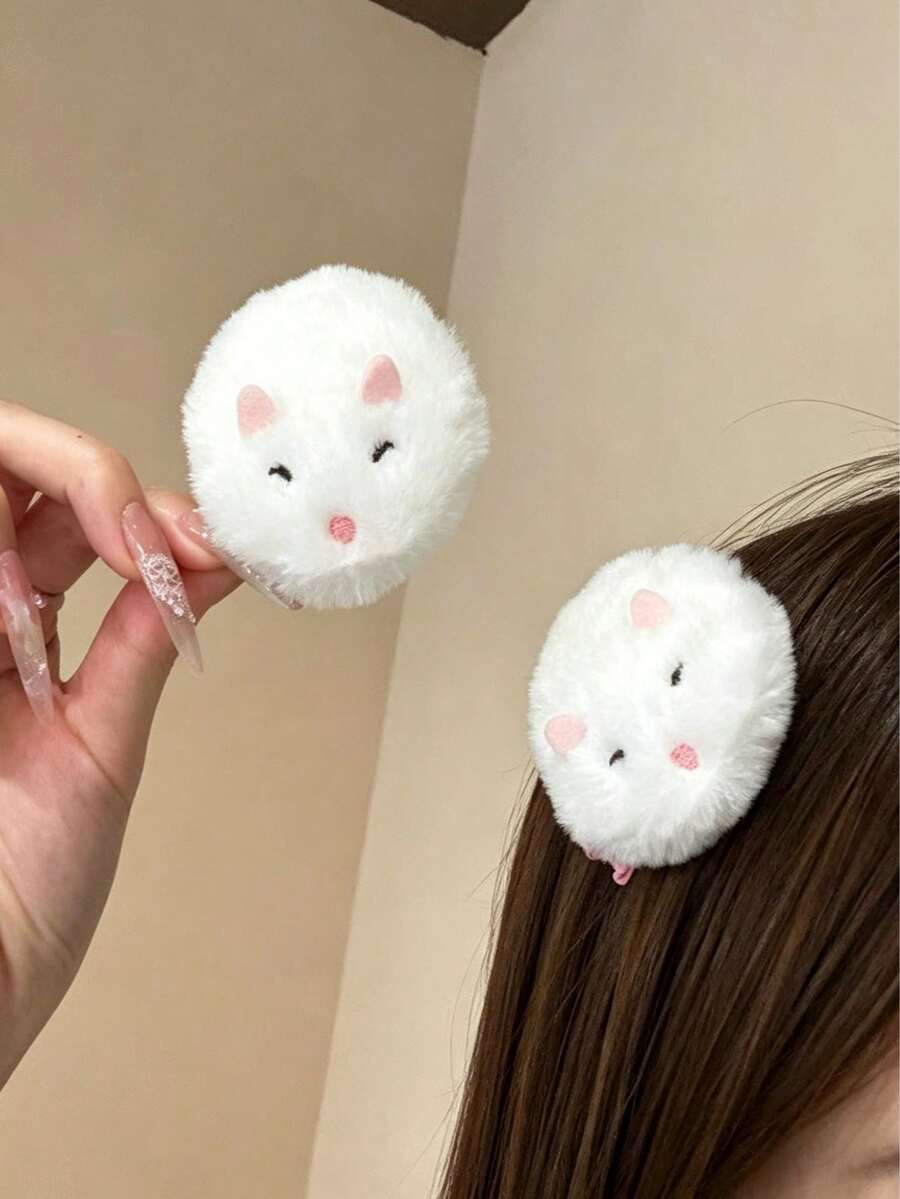2PCS Cute Girl Fluffy Soft Hamster Hair Clips, Creative Adorable Cartoon Hamster Side Clips, Girly Bangs Duckbill Hair Clips, Updo Braiding Styling Hair Accessories, Quirky Style/Casual School Back To School Season Accessories - Multicolor - View 1