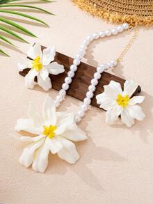 3pcs/Set Fashion Bohemian Style Acrylic Pearl Flower Pendant Necklace And Earrings Set, Suitable For Women's Summer Vacation Wear - White - View 3