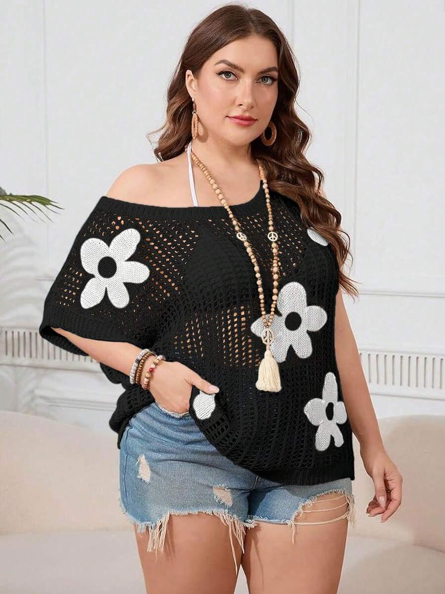 2026 Spring/Summer New Comfortable Stretchy Fashionable Elegant Round Neck Plus Size Knit Cover Up Cover Up Top Vacation Beach Black - Black - View 1