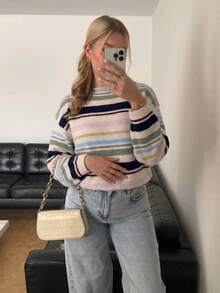 Lubi Women's Spring Early Autumn Fashion Colorful Striped Asymmetric Neck Collar Wide Long Sleeve Short Knit Fabric Pullover Top, Suitable For Daily, Office, Date, Street, Travel - Multicolor - View 4