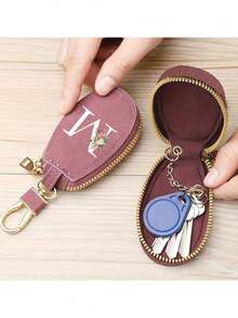 Unisex Multifunctional Key Pouch, Decorated With Fashionable Pink Flower And White 26 Letters A-Z Pattern, Zipper Keyring, Flower Pattern Design, PU Faux Leather Material, Zipper Storage Bag, Car Key Storage Pouch, Car Key Chain, Compact And Portable Key Pouch, Simple Design, Travel Accessory, Elegant Accessory, Suitable For Home, Office, Travel, Car, Unisex, Perfect Gift For Friends, Family, Couples, Anniversary, Birthday, Wedding, Graduation And Teacher's Day - Multicolor - View 9