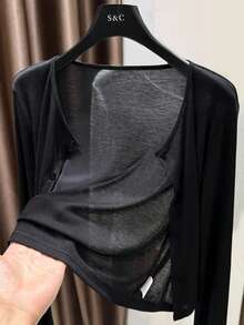 Selendang/Jaket Penutup Rajut Ringan Wanita Musim Semi/Panas, Pelindung Matahari Warna Hitam - Hitam - View 3