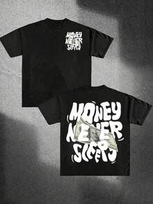 Geld schläft nie, Herren Casual Baumwoll-T-Shirt mit Rundhalsausschnitt, Modischer Vintage-Druck, Unisex, Locker geschnitten, 220Vintage Streetwear Grafik-T-Shirt - Schwarz - Übersicht 1