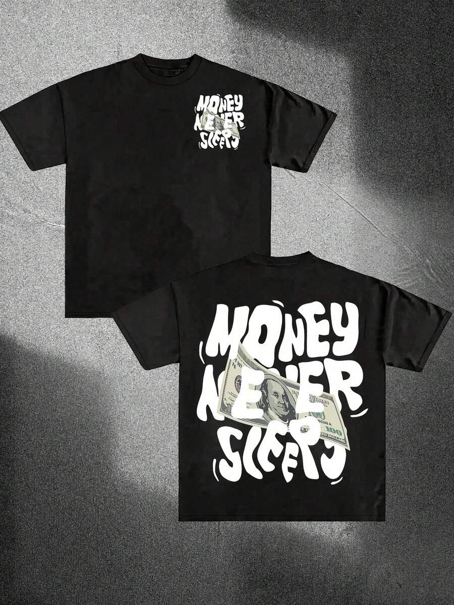 Geld schläft nie, Herren Casual Baumwoll-T-Shirt mit Rundhalsausschnitt, Modischer Vintage-Druck, Unisex, Locker geschnitten, 220Vintage Streetwear Grafik-T-Shirt - Schwarz - Übersicht 1