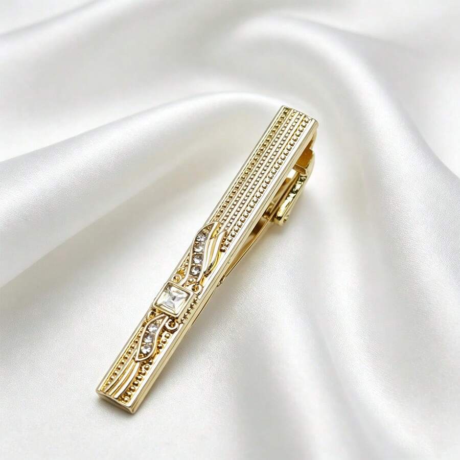 New Gold Alloy Rhinestone Inlaid Tie Clip, Classic Minimalist Men's Formal Tie Clip - Gold - View 1