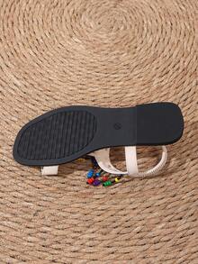 Women's White Bohemian Style Colorful Beaded Thong Sandals With Back Strap, Flat Vacation Beach Shoes - White - View 7