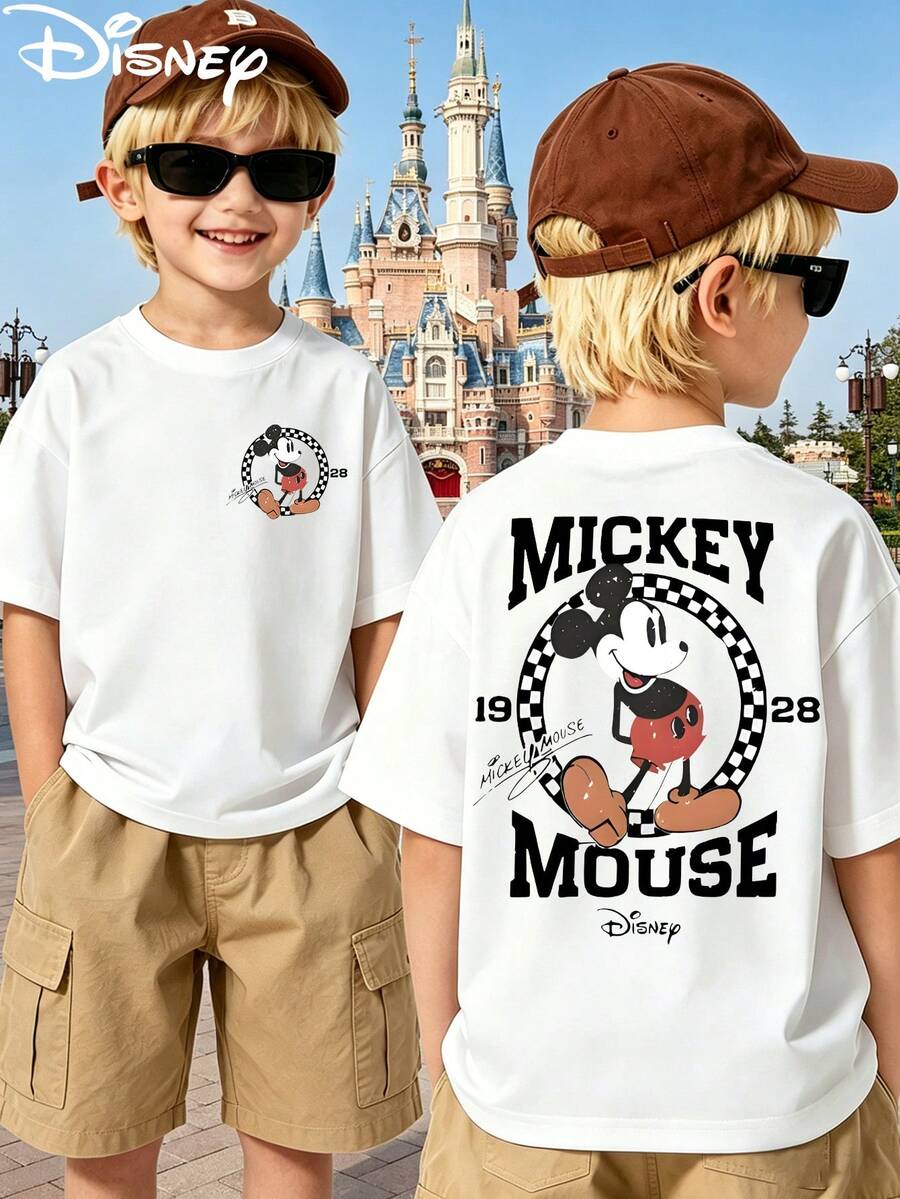 Disney Boys' Summer Round Neck Short Sleeve - Classic Mickey Mouse - Printed Pattern T-Shirt Pullover, Suitable For Boys To Wear - 白色 - 查看 1