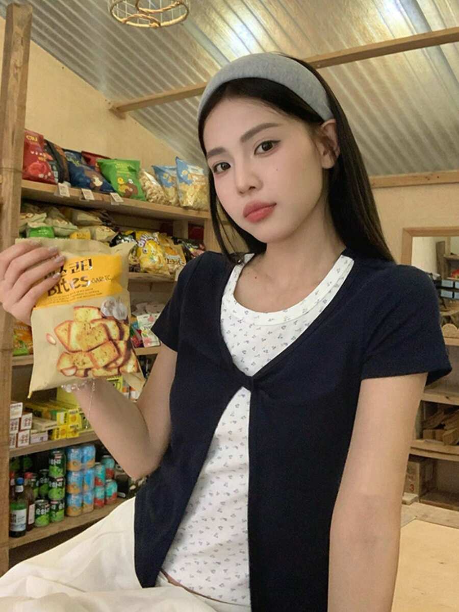 碎花 2 合 1 短袖女款夏季設計短版修身顯身材休閒上衣 - 藏蓝色 - 查看 1