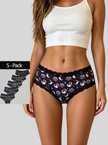 Dircho 5pcs Women's Mysterious Print Lace Trim Panties, Moon & Star Celestial Pattern Mid-Waist Triangle Briefs, Soft Elastic Underwear Set - Multicolor - View 1