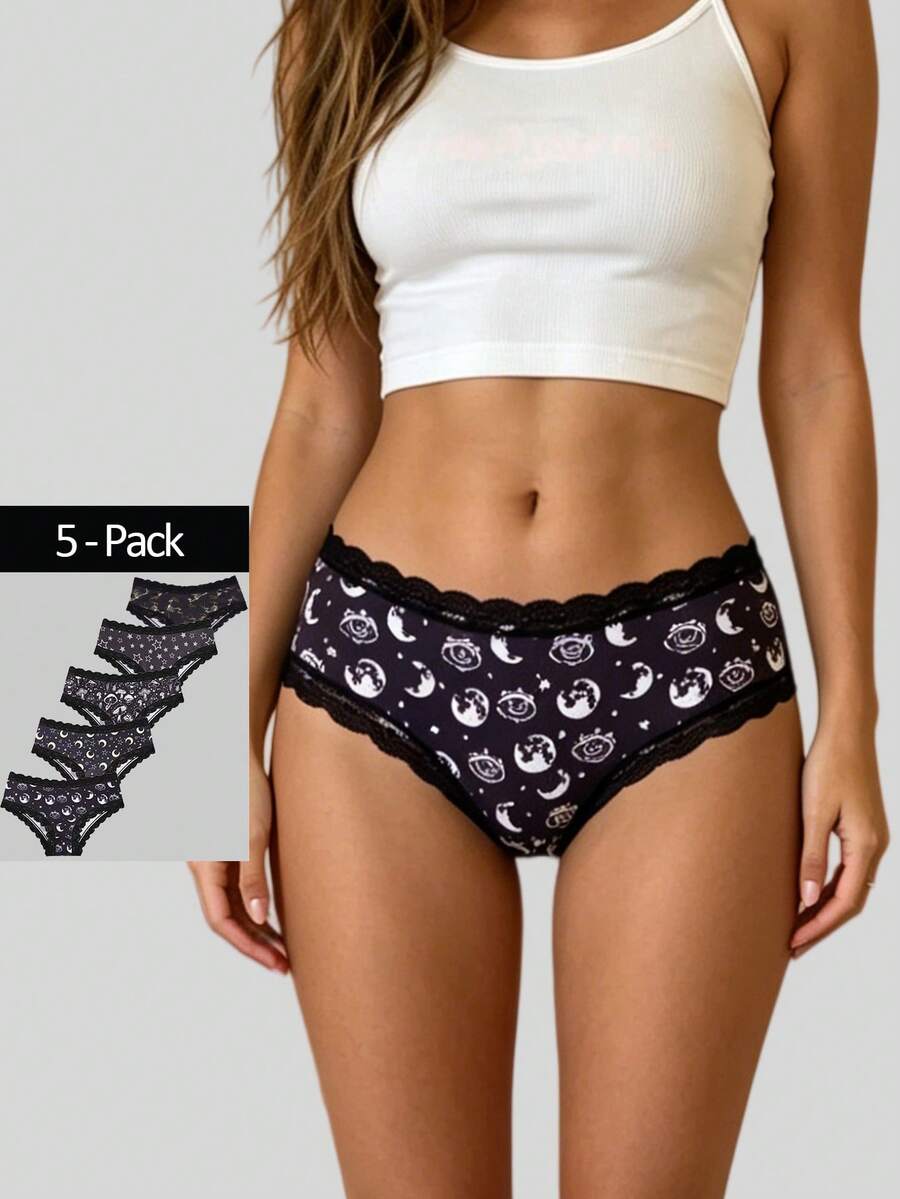 Dircho 5pcs Women's Mysterious Print Lace Trim Panties, Moon & Star Celestial Pattern Mid-Waist Triangle Briefs, Soft Elastic Underwear Set - Multicolor - View 1