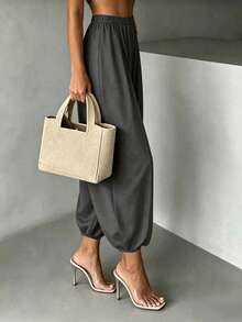 Women's New Spring/Autumn Casual Commute Comfortable Solid Color Woven Fabric Pants For Home And Daily Wear - Grey - View 2