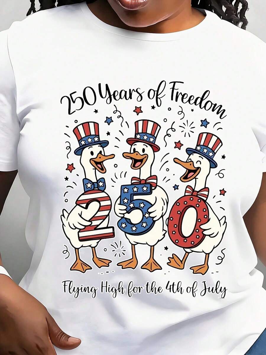 Vintage Patriotic Duck-Patterned T-Shirt For The 4th Of July. Comfortable All Year Round, Versatile And Perfect As A Birthday Gift. - 白色 - 查看 1