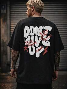 Men's Casual Letter Print Round Neck Short Sleeve T-Shirt, Summer - Black - View 3