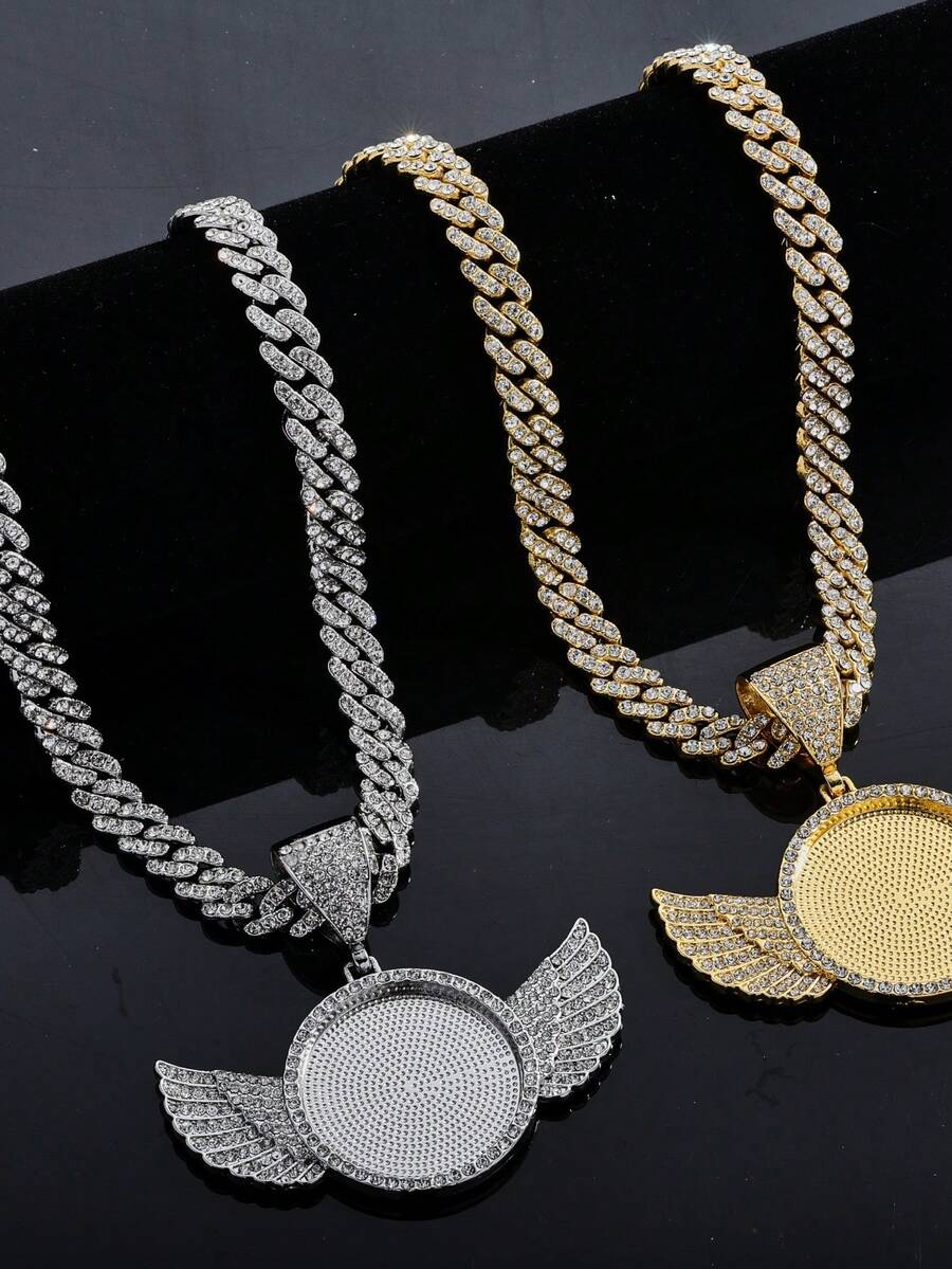 1pc Icy Angel Wing Photo Frame Pendant Necklace With Miami Cuban Chain, Rhinestone-Studded Angel Wing Custom Photo Cuban Link Necklace For Men, Shiny Statement Jewelry For Hip Hop Lovers, Commemorative Keepsake Jewelry, Can Put Your Favorite Photo - Fashion Angel Wings Photo Frame - View 1