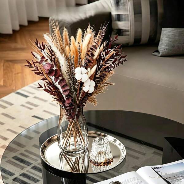 61pcs Bohemian Style Artificial Eucalyptus Cotton Flowers Fake Pampas Grass Gypsophila Bouquet Fall Flowers Artificial For Decoration Real Touch Silk Flower For Wedding Christmas DIY Party Home Garden Office