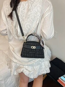 時尚高端女款手提包，精緻金屬配件裝飾，可調節肩帶單肩/斜跨包 - 黑色 - 查看 3