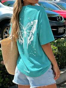 Comfortable Cotton Short Sleeve T-Shirt For Women, Casual Green Butterfly Print Round Neck Top, Medium Stretch,Outdoor,Y2K,Streetwear,Cotton Tops - Light Lake Green - View 9