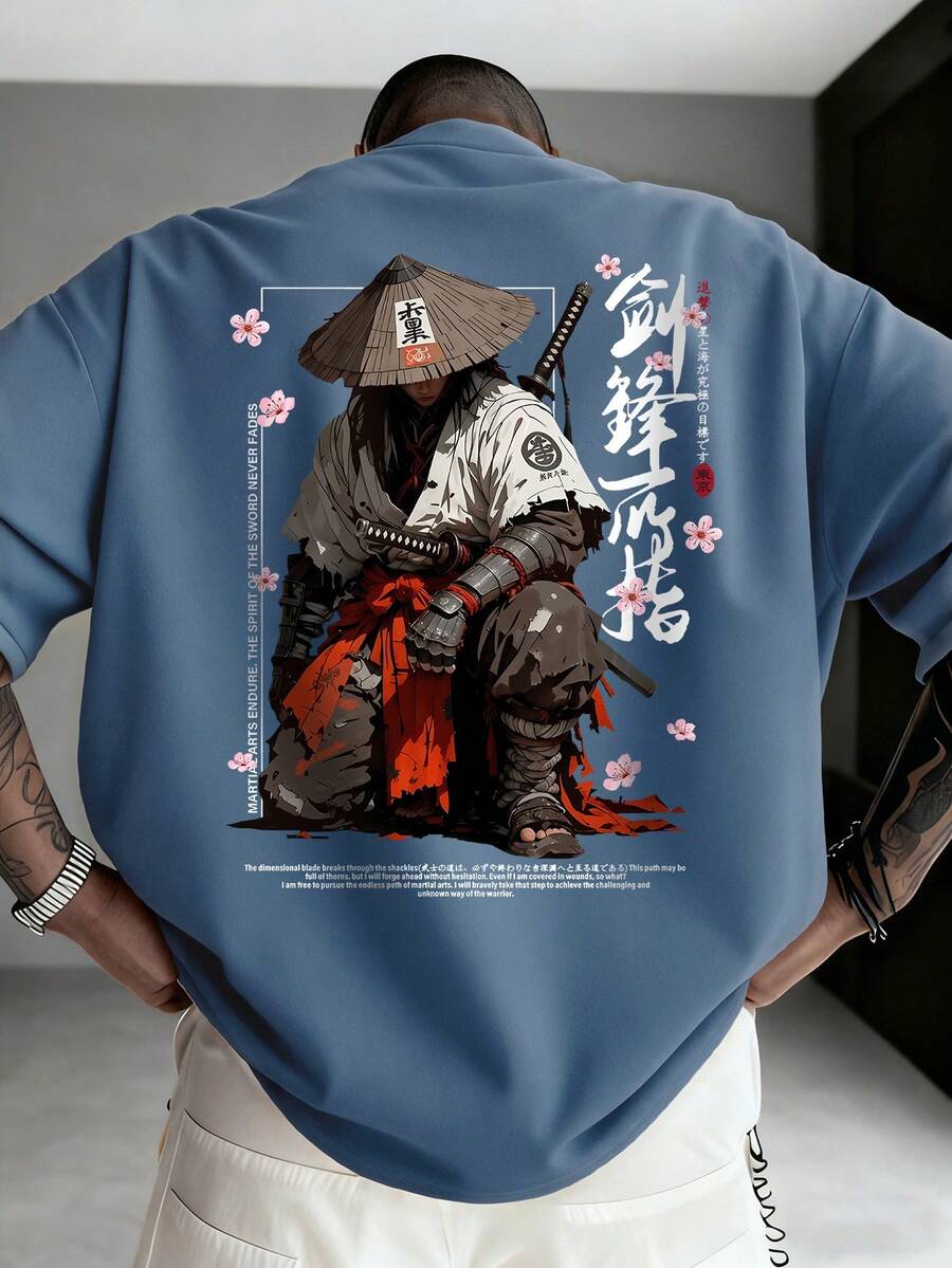 男士時尚日系熱血賽博插畫印花黑色圓領短袖T恤