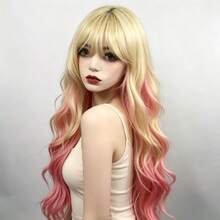 女性長款 Cosplay 假髮－粉金多色動漫角色扮演髮，耐熱易造型，附髮帽，適合日常配戴與漫展 - 彩色 - 查看 4