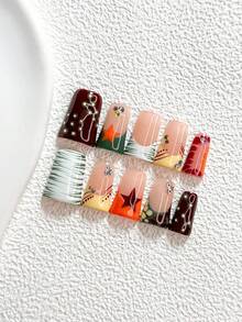 10Pcs Y2K Style Handmade Press On Nail,Polygel Nail Set,Stars,Green, Brown, Yellow And White Nail Polish,Natural Style,Includes Nail Tools,3 Sizes Available,Almond Nails , Duck Nails,Coffin Nails For Party, Dance, Daily Wear. - 彩色 - 查看 13