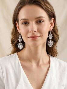 1 par de pendientes de novia largos con colgante exagerado de lujo totalmente de strass, joyería de oreja versátil de strass para fiesta de noche y vestido de boda - Multicolor - Ver 2