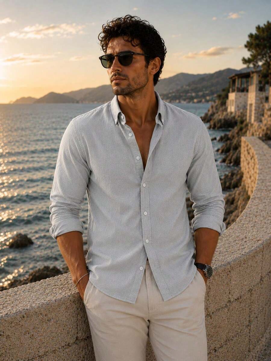 Camisa de lino para hombre 100% algodón, transpirable, ligera, con cuello abotonado - Gris - Ver 1