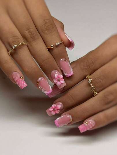 NAIO 24pcs/Set Uñas Postizas Cortas Cuadradas, Estilo Y2K Baddie, Uñas de Gel Florales: Degradado Rosa, Adornadas con Flores 3D, y Adornos de Oro & Perlas. Adecuado para Mujeres y Niñas, Fiesta, Uso Diario, Viene con Kit de Herramientas, Gran Regalo para Uñas de Damas