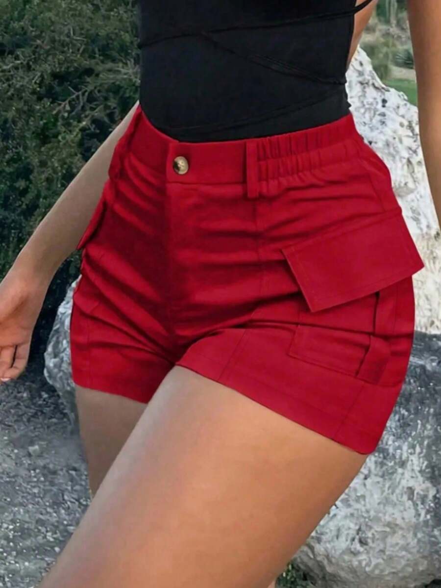 Women's Solid Color High Waisted Crop Casual/Beach/Holiday/Outdoor Sport Utility Shorts With 3D Pockets, Suitable For Summer - 紅1 - 查看 1