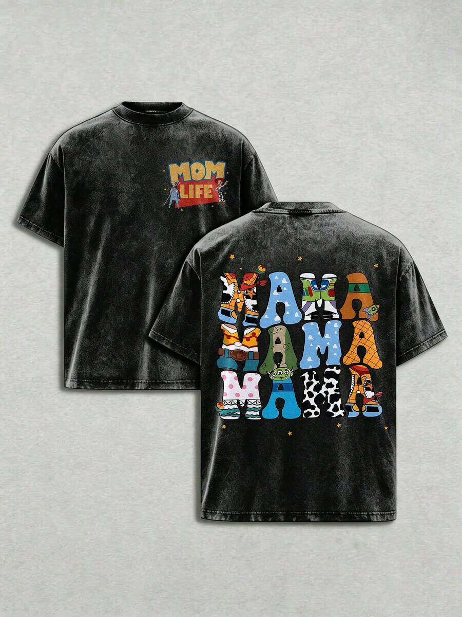 Disney Toy Story Themed Printed Couple Washed T-Shirt, "Dada", "Mama", Daily Couple Outfits, Disney Family, S~5XL - 黑色 - 查看 1