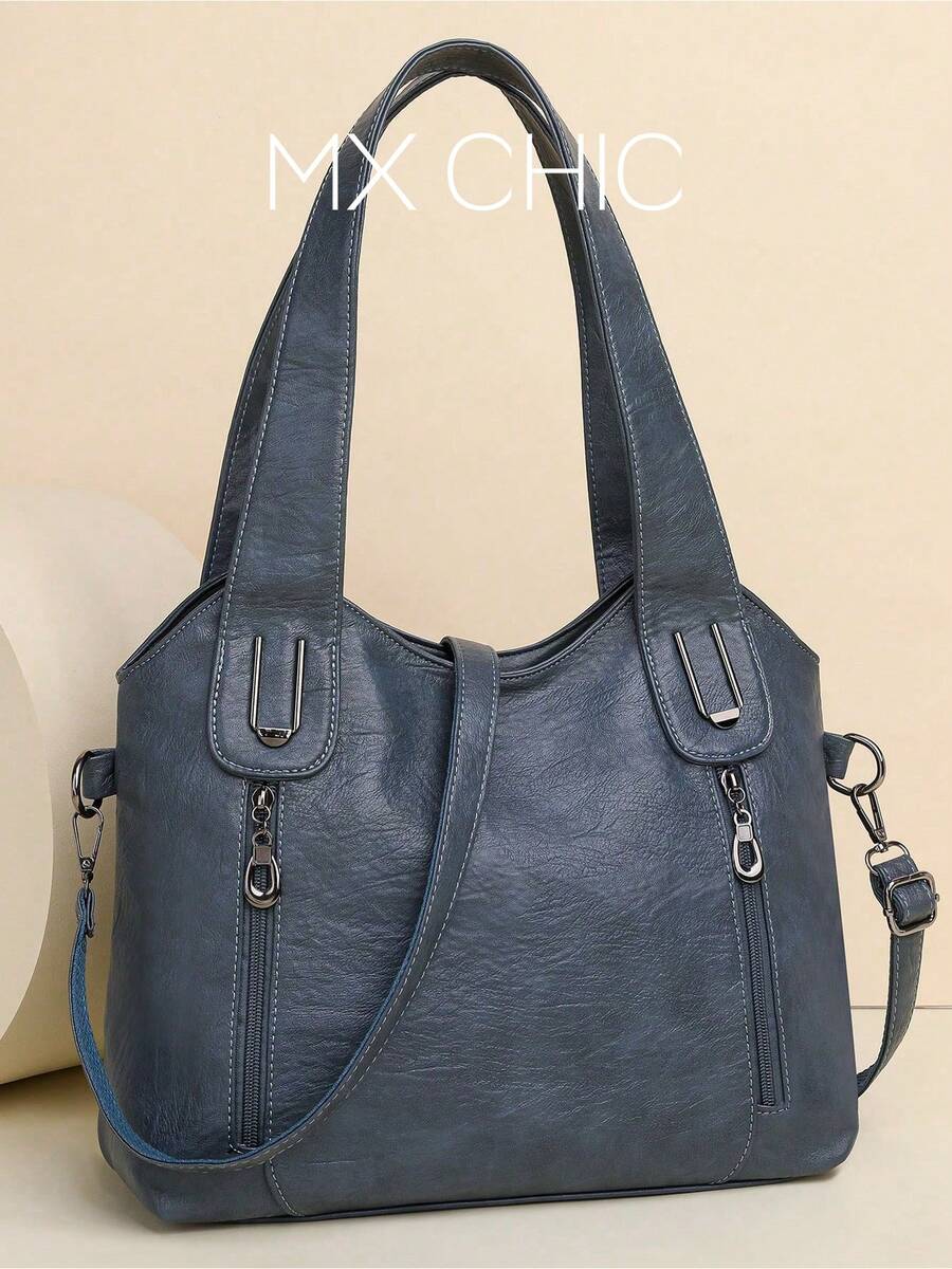 Fashionable Solid Color Leather Handbag, Vintage PU Crossbody Hobo Bag, Large Capacity Women's Shoulder Bag For Daily Travel & Work, Front & Back Zipper Pockets, New Arrival Tote Bags For Woman - Blue - View 1