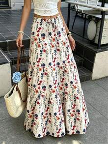 Women's Autumn Vacation Pastoral Floral Maxi Skirt, Commute Daily, Spring Summer Outing, Drawstring Decor - Apricot - View 5