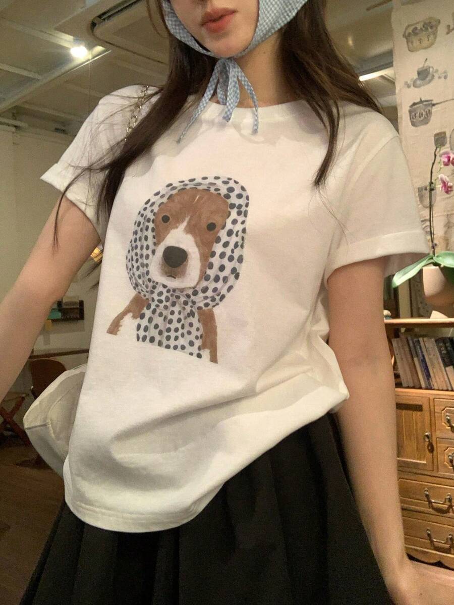 Damen-Kurzarm-T-Shirt  Kurzarm-T-Shirt für Damen mit Rundhalsausschnitt und Cartoon-Welpen-Print, koreanischer Stil für Frühling/Sommer - Weiss - Übersicht 1