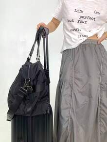 女款厚網格肩背包，大容量休閒極簡手提包，純色拼接設計，可拆卸肩帶 - 黑色 - 查看 9