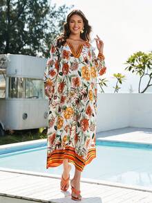 Plus Size Floral Print V Neck Batwing Sleeve Kaftan Dress Loose Flowy Maxi Beach Cover Up For Summer Wedding Vacation Party Lounge Wear - Orange - View 1