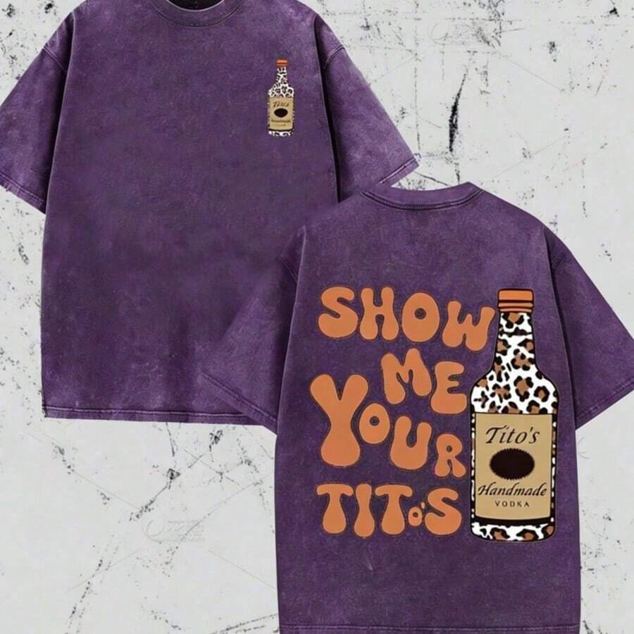 Men Tops Graphic Tee ShirtVintage Style, Vodka Enthusiast, Leopard Print Elements, SHOW ME YOU TITOS Humorous Text Memes, Washed Double-Sided - Purple - View 1