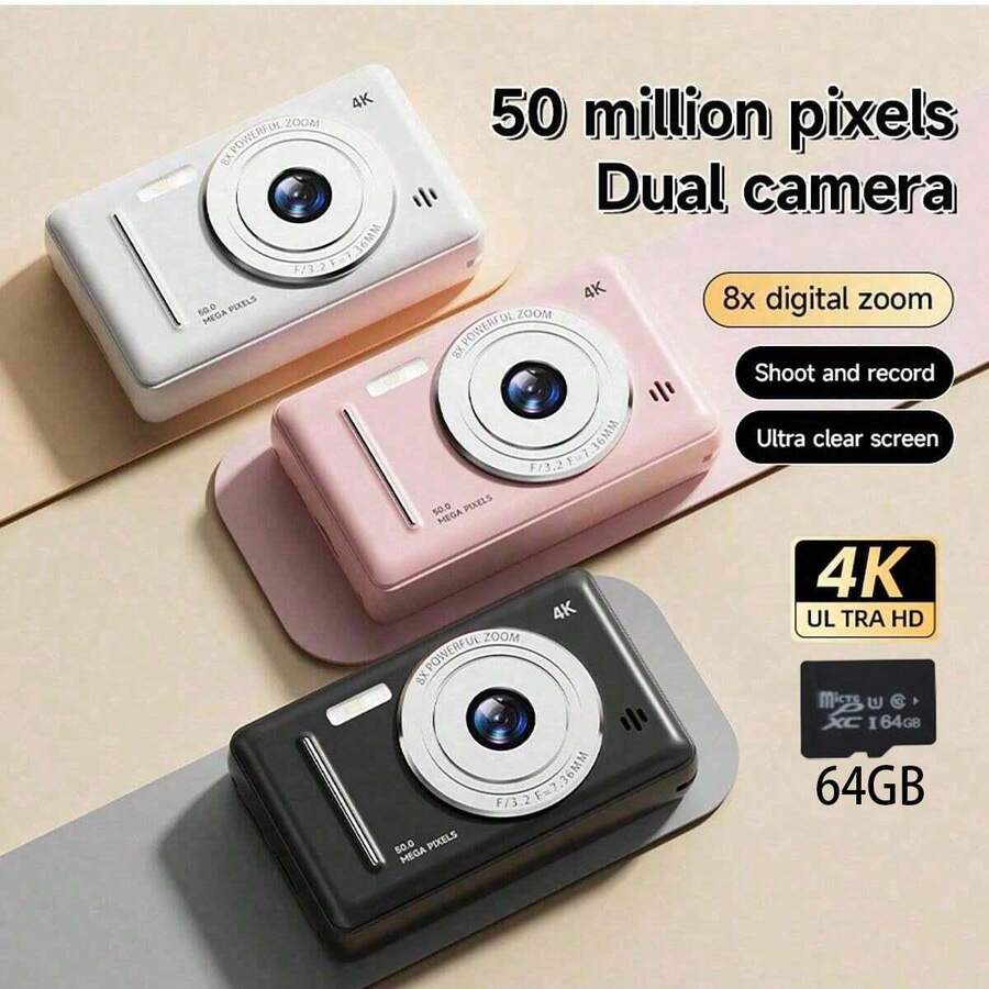 Cámara digital CCD 4K, cámara digital de alta definición, esencial para viajes, cámara compacta portátil de apuntar y disparar, confiable, adecuada para viajeros y entusiastas de la fotografía, incluye tarjeta de almacenamiento de 64GB - Ver 1