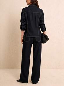 Conjunto de mezclilla de moda para mujer con detalles de cremallera y botones, adecuado para uso diario - Azul lavado oscuro - Ver 4