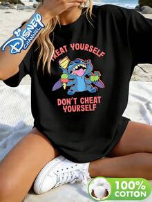 Disney Lilo & Stitch "Treat Yourself Don't Cheat Yourself" Quote Print Crew Neck Tee, Funny Food Casual Top - 黑色 - 查看 1