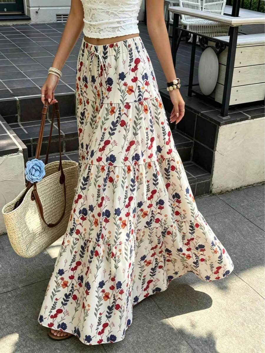 Women's Autumn Vacation Pastoral Floral Maxi Skirt, Commute Daily, Spring Summer Outing, Drawstring Decor - Apricot - View 1