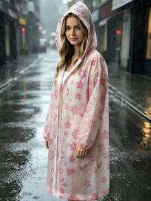 1/2pcs Pink Floral Print Long Raincoat, Strong Waterproof & Rainproof, Lightweight Portable Foldable, Hooded Loose Fit, Practical For Outdoor Commute & Travel - Pink Flowers - View 5