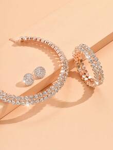 4pcs/Set Double Row Design Bridal Women's Fashion Sparkling Crystal Necklace Set, Sexy Jewelry Set Suitable For Wedding, Birthday Gift, Party - Silver - View 8