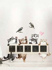 A Set Of Cartoon Probe Cute Cat Switch Socket Wall Stickers, Featuring Adorable Kittens, Little Birds, And Heart Patterns. Self-Adhesive And Removable PVC Stickers, Mix And Match Freely, DIY Decoration For Living Room And Bedroom Switch Panels. - ZC2508-30*30 - View 3