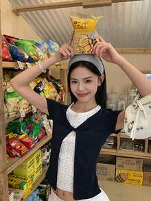 碎花 2 合 1 短袖女款夏季設計短版修身顯身材休閒上衣 - 藏蓝色 - 查看 5
