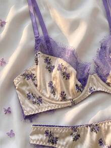 Conjunto de lencería de 2 piezas de encaje y satén de moda para mujer - Púrpura malva - Ver 7